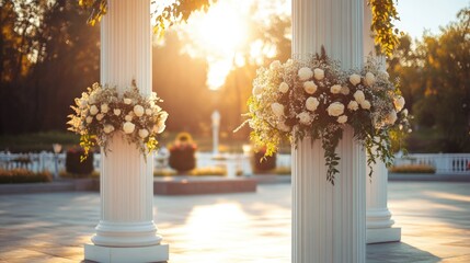 Elegant outdoor pillars adorned with floral arrangements, perfect for event decoration and custom text placement in serene sunset lighting