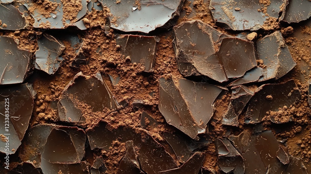 Poster broken dark chocolate pieces scattered on cocoa powder creating a rich textured background suitable 