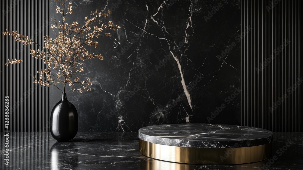 Poster luxurious black marble abstract background with elegant vase and pedestal for product display and em