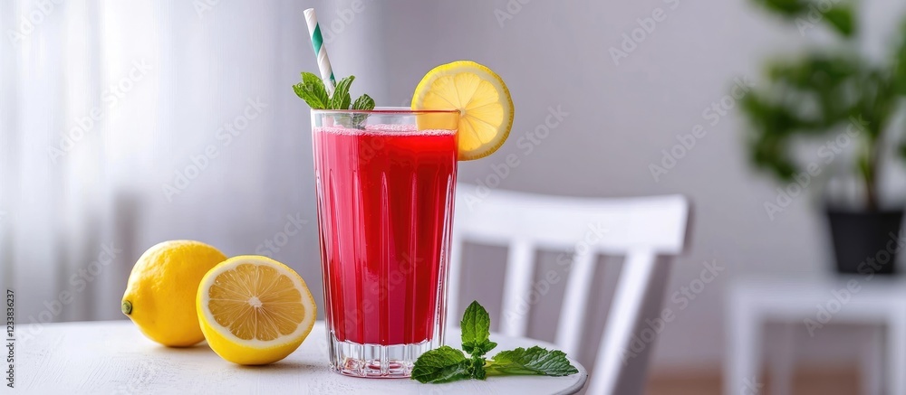 Poster refreshing glass of red juice garnished with fresh mint and lemon on a white chair with a blurred ba