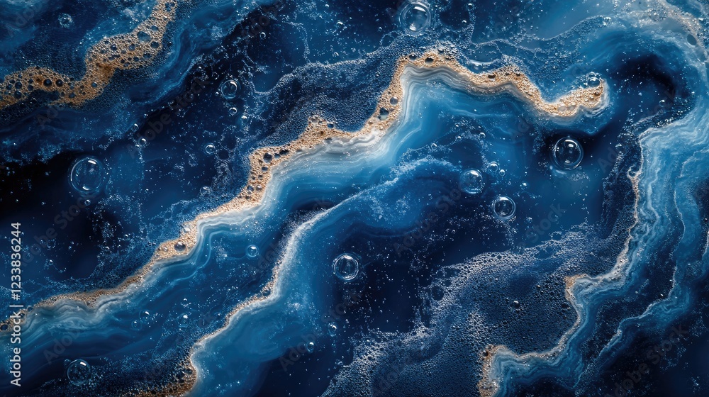 Poster top view of textured blue water surface with bubbles and swirling patterns creating an abstract aqua