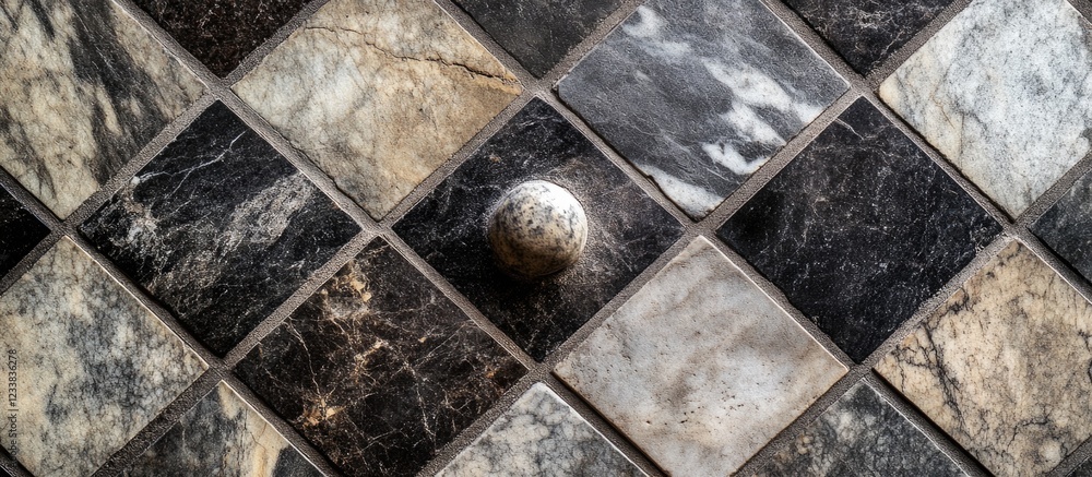Poster textured marble tile pattern with a single round stone on a diagonal layout and ample copy space for