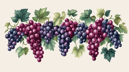 A decorative illustration of various clusters of grapes with leaves.