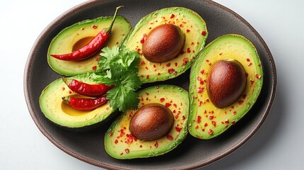 Avocado Toast Garnished with Chili Peppers and Herb on a Dark Plate Isolated on White Background