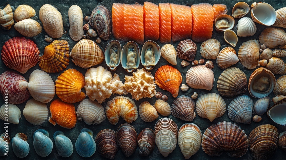 Poster assorted fresh seafood display featuring various fish, clams, and shellfish arranged in an appealing