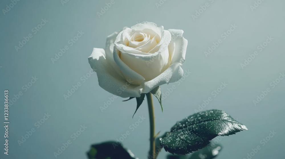Poster elegant close up of a white rose with soft background and space for custom text or message