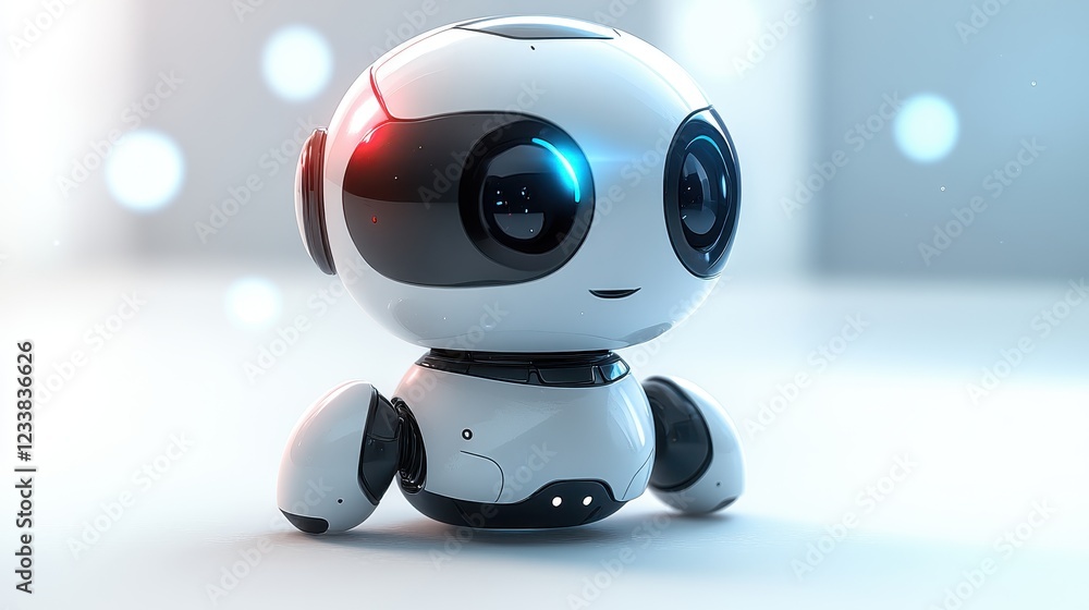 Poster a cute, futuristic robot with a friendly expression and sleek design.