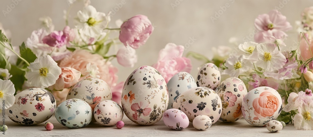 Poster Decorative Easter eggs arranged with pastel flowers on a soft background featuring ample Copy Space for text placement.