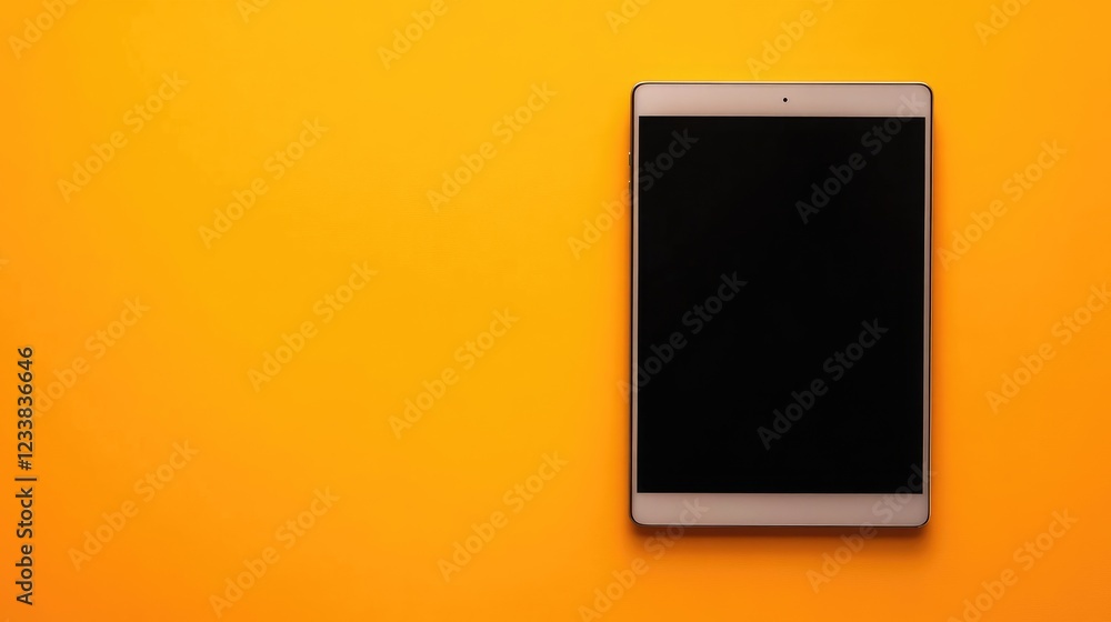 Poster minimalistic tablet with blank black screen on vibrant orange surface for modern digital display con