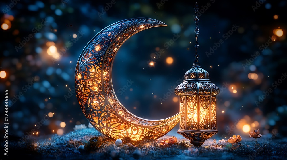 Poster illuminated crescent moon and lantern on snow with bokeh lights