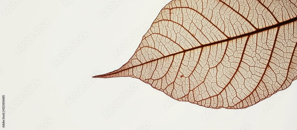 Poster dry leaf skeleton with intricate vein patterns on a plain background with copy space for text placem