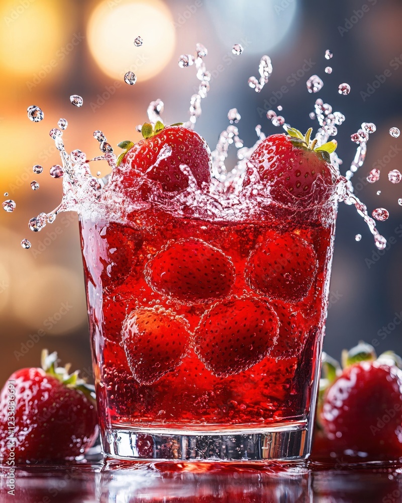 Poster strawberries splashing into a glass of red liquid on a dark surface with bokeh background