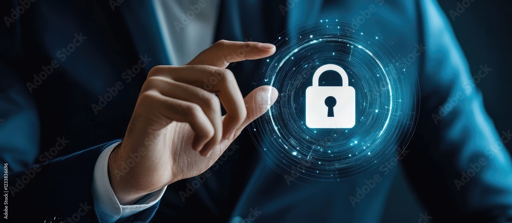 Poster businessman using holographic lock symbol for data security and protection technology with clear spa