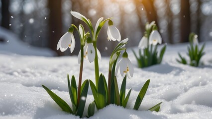 spring snowdrops in snow