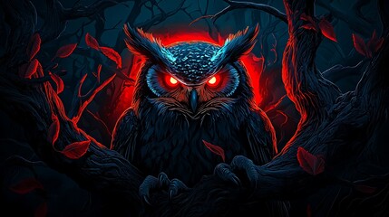 Mysterious glowing owl perched on twisted branches in a dark forest surrounded by red leaves
