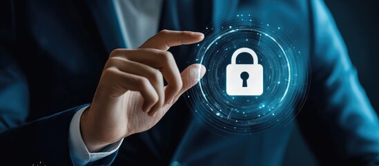 Businessman using holographic lock symbol for data security and protection technology with clear space for text and communication concepts