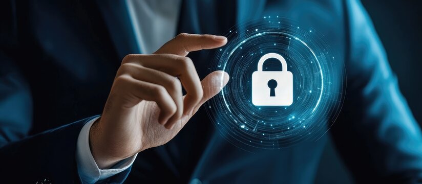 Businessman using holographic lock symbol for data security and protection technology with clear space for text and communication concepts