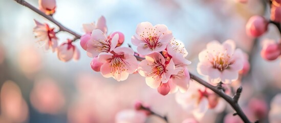 Pink cherry blossom flowers on a branch with a blurred background and soft light Copy Space