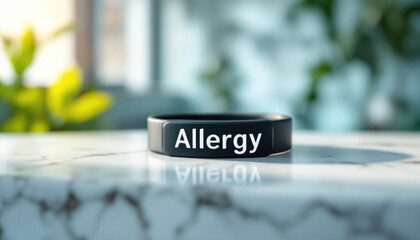 Medical alert bracelet with allergy warning on marble surface