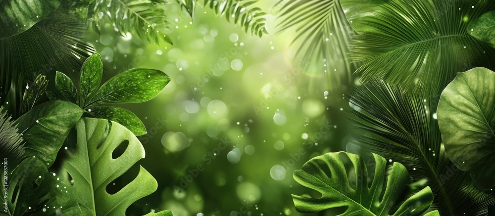 Poster lush green tropical foliage with soft bokeh background and ample copy space for text placement