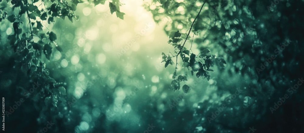 Poster lush green foliage with bokeh effect and soft light filtering through branches copy space