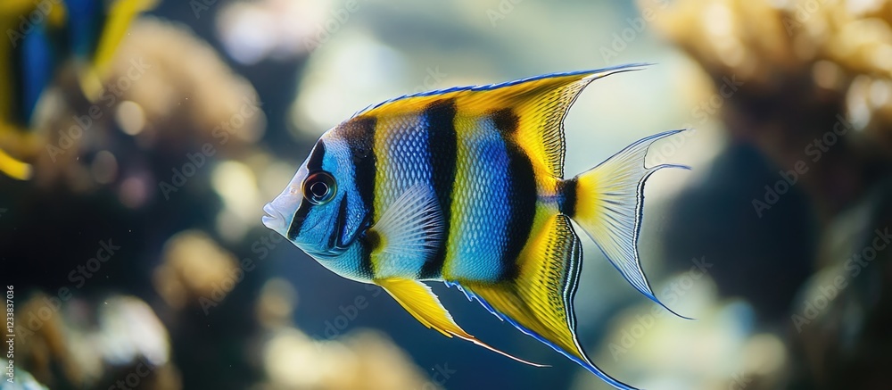 Poster vibrant underwater scene featuring a boxer fish with ample negative space for text ideal for adverti