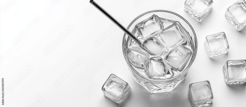 Aufkleber refreshing beverage in glass with ice cubes and straw on white background with space for text and ad