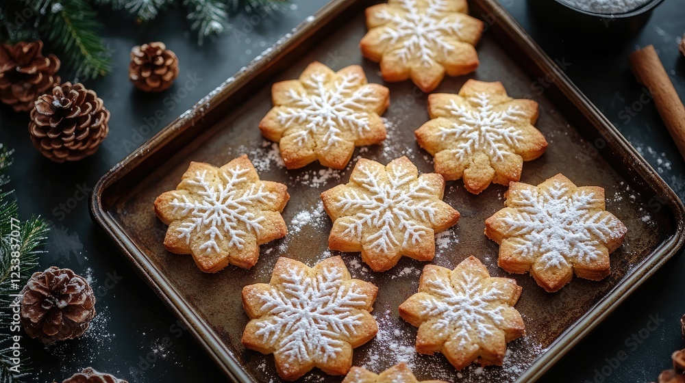 Aufkleber baking sheet with snowflake-shaped cookies dusted with powdered sugar surrounded by pinecones and fe