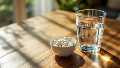Glass of water and bowl of pills on sunlit wooden table