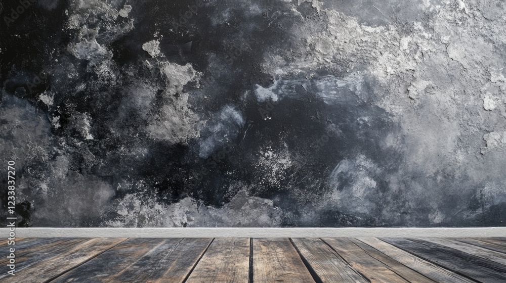Poster textured gray wall with wooden floor in an empty room ideal for interior design concepts and copyspa