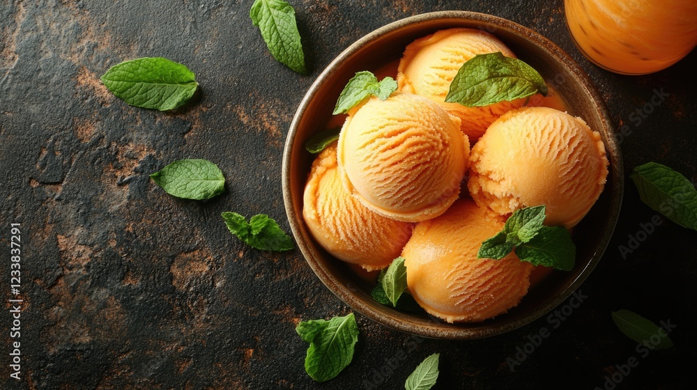 Poster cantaloupe ice cream and soda served with mint leaves on wooden table top view with empty space for 