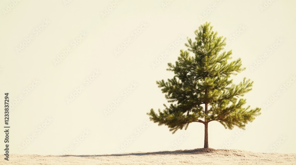 Poster sunlit young pine tree on beige background with ample copyspace for custom text or messaging