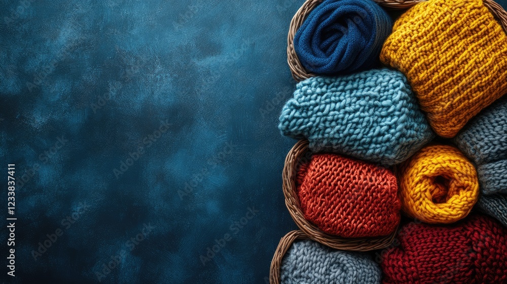 Poster assorted knitted clothing in wicker baskets on a textured denim background with ample space for cust
