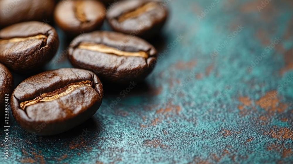 Poster top view of coffee beans on a textured surface with dark background and empty space for text or bran