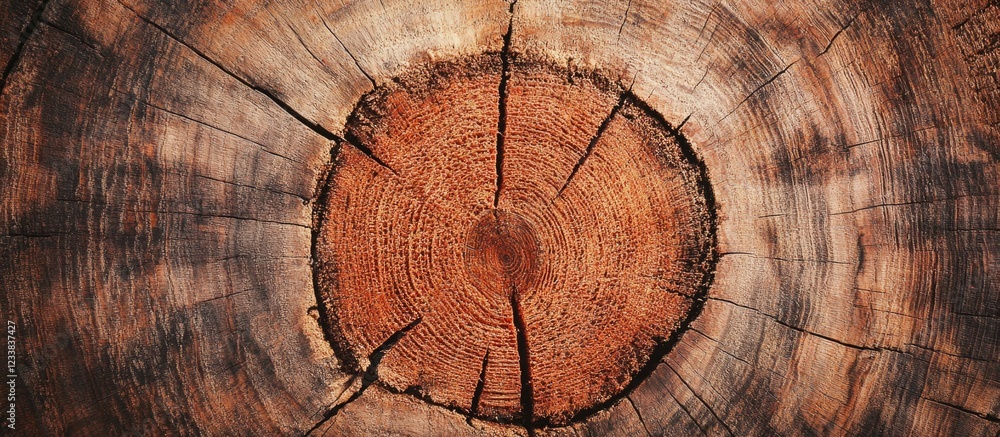Poster close-up of tree trunk cross-section with visible growth rings and textures
