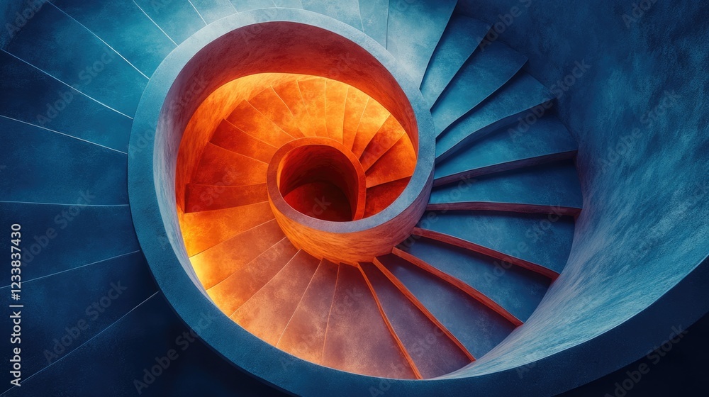 Poster Mesmerizing Top View of Spiral Staircase with Dynamic Lighting and Space for Text in Modern Architectural Setting