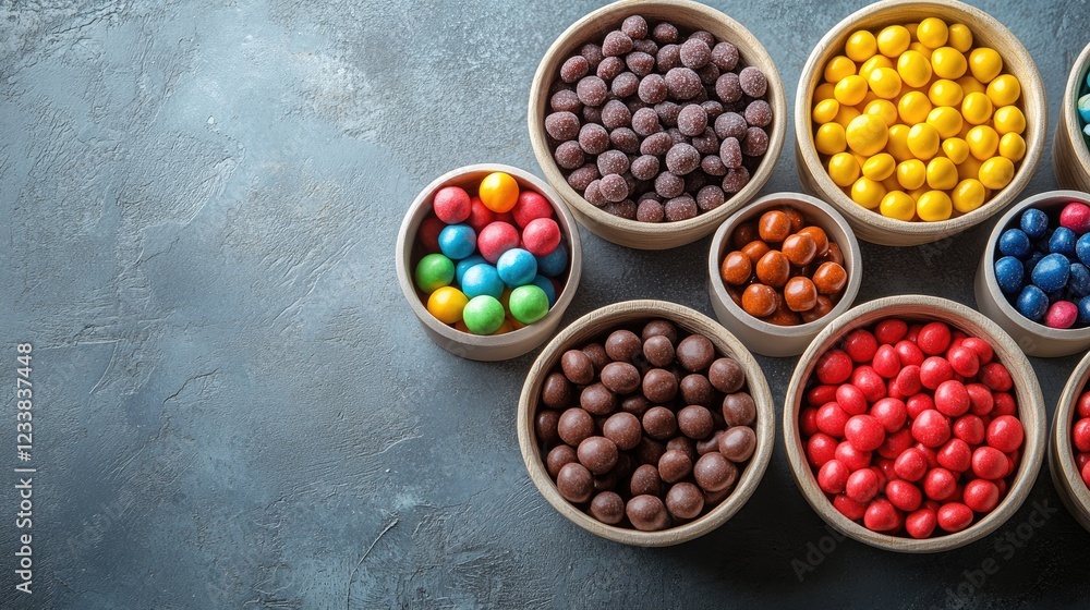 Poster assorted colorful candies arranged in cups on a rustic table with negative space for creative compos