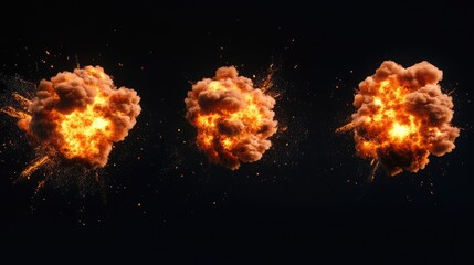 Three fiery explosions on a black background with space for text ideal for action, destruction, or special effects concepts.