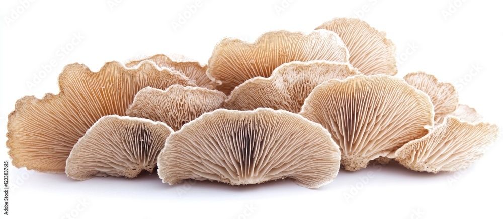 Poster mushroom cluster with gills on a white background featuring copy space for text placement