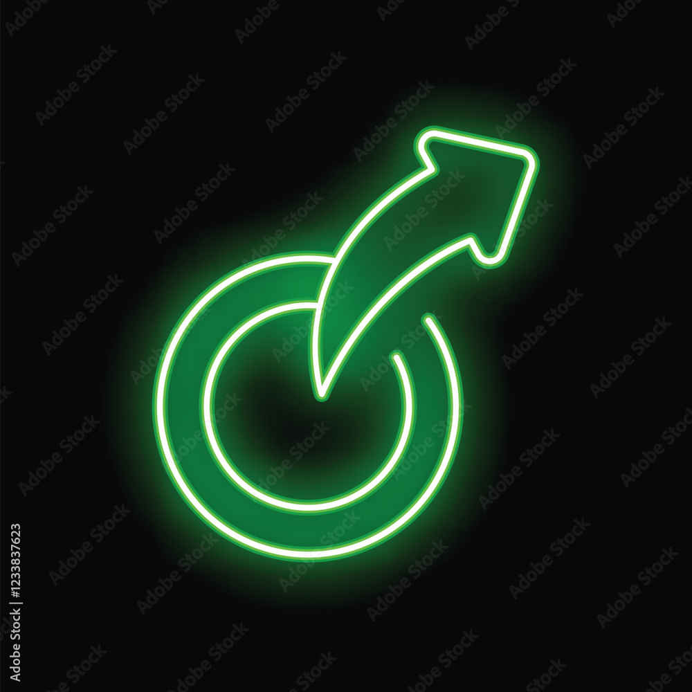 Poster green neon sign showing logout symbol with curved arrow leaving circle on black background