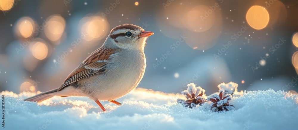 Poster winter bird on snow with bokeh lights and pine cones in soft focus and copy space for text