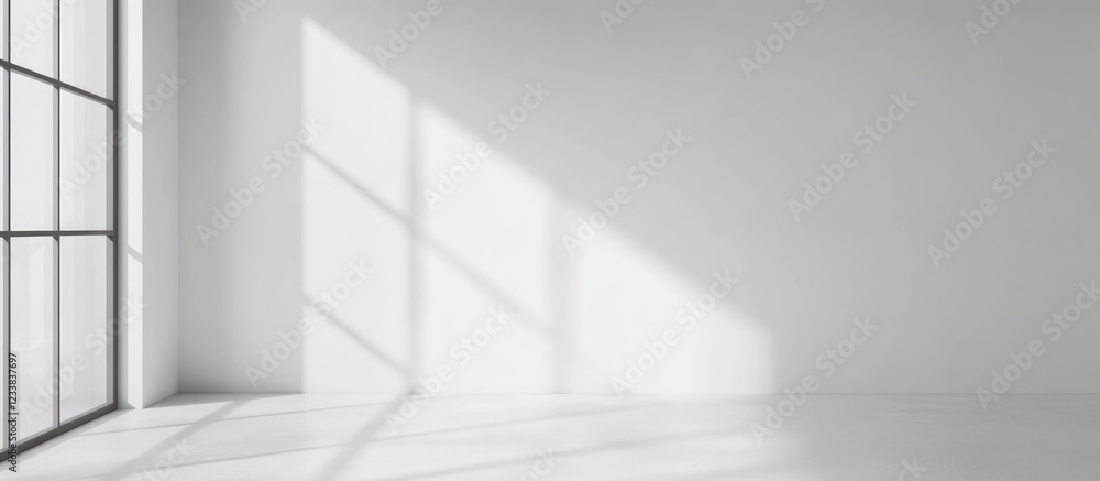 Poster empty room interior with large windows casting shadows on white walls and floor, copy space for desi