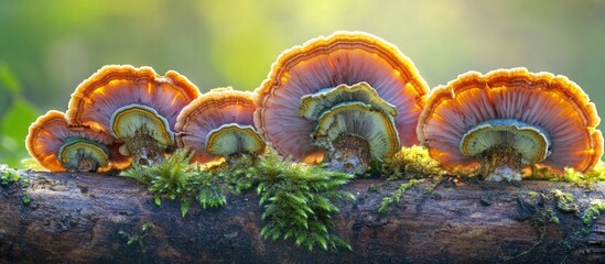 Brightly colored mushrooms growing on a log with lush green moss in a forest setting Copy Space