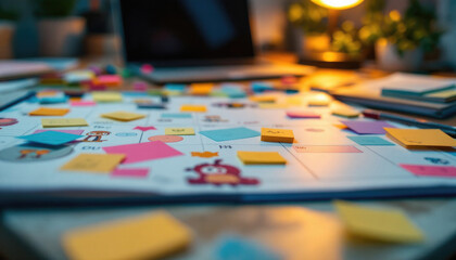 Fototapeta premium Colorful game board with sticky notes on creative workspace desk