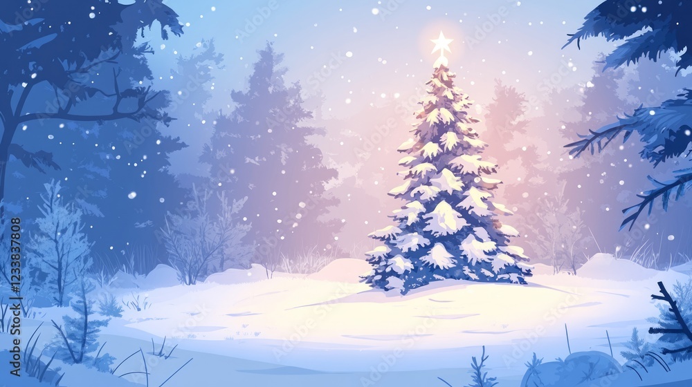 Poster sparkling snow-covered christmas tree in a tranquil winter forest scene with soft snowfall and ample
