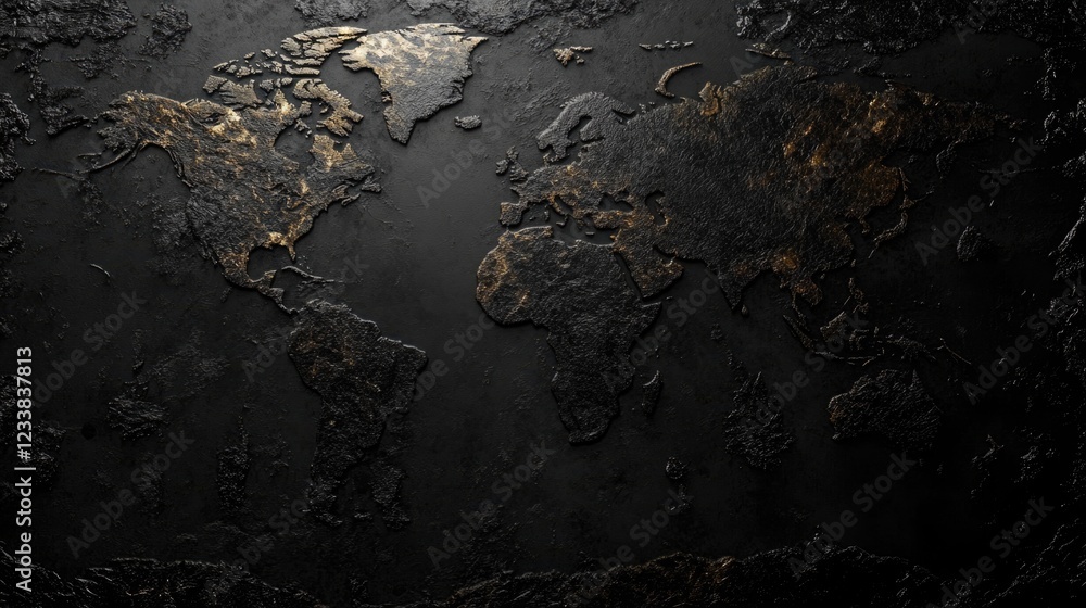 Poster elegant black textured world map design featuring intricate details and ample space for text or grap