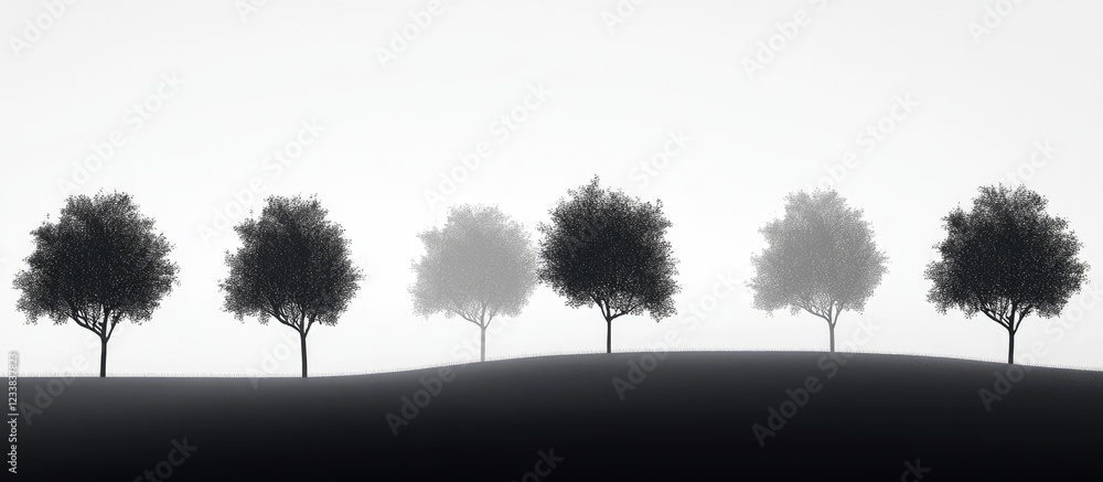 Poster silhouetted trees in foggy landscape with ample copyspace for text creating a serene and atmospheric