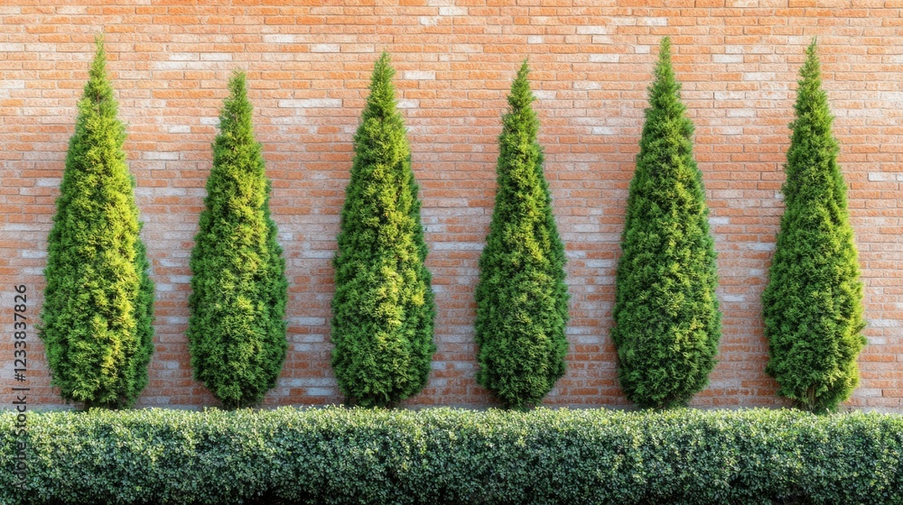 Poster cedar trees in a row against a brick wall with lush greenery and ample copyspace for text or design 