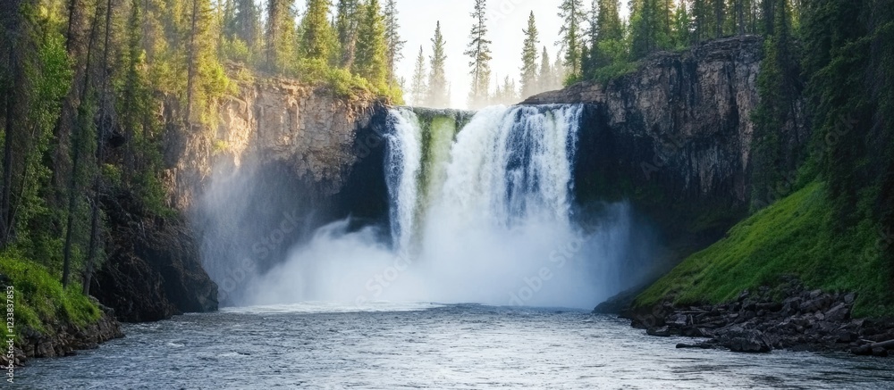 Poster majestic forest waterfall with serene waters and ample blank space for customizable text or messages