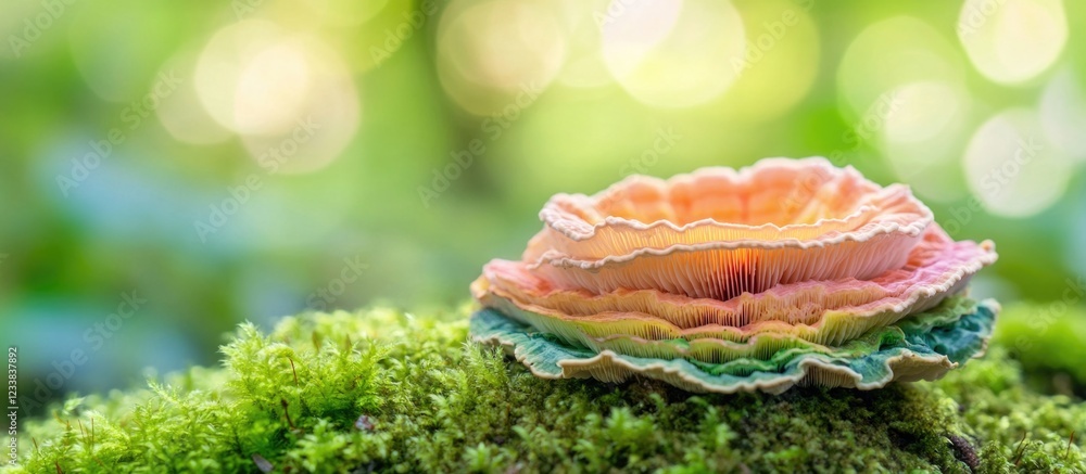 Aufkleber colorful mushroom layers on moss surface with a soft blurred green background and bokeh effects copy